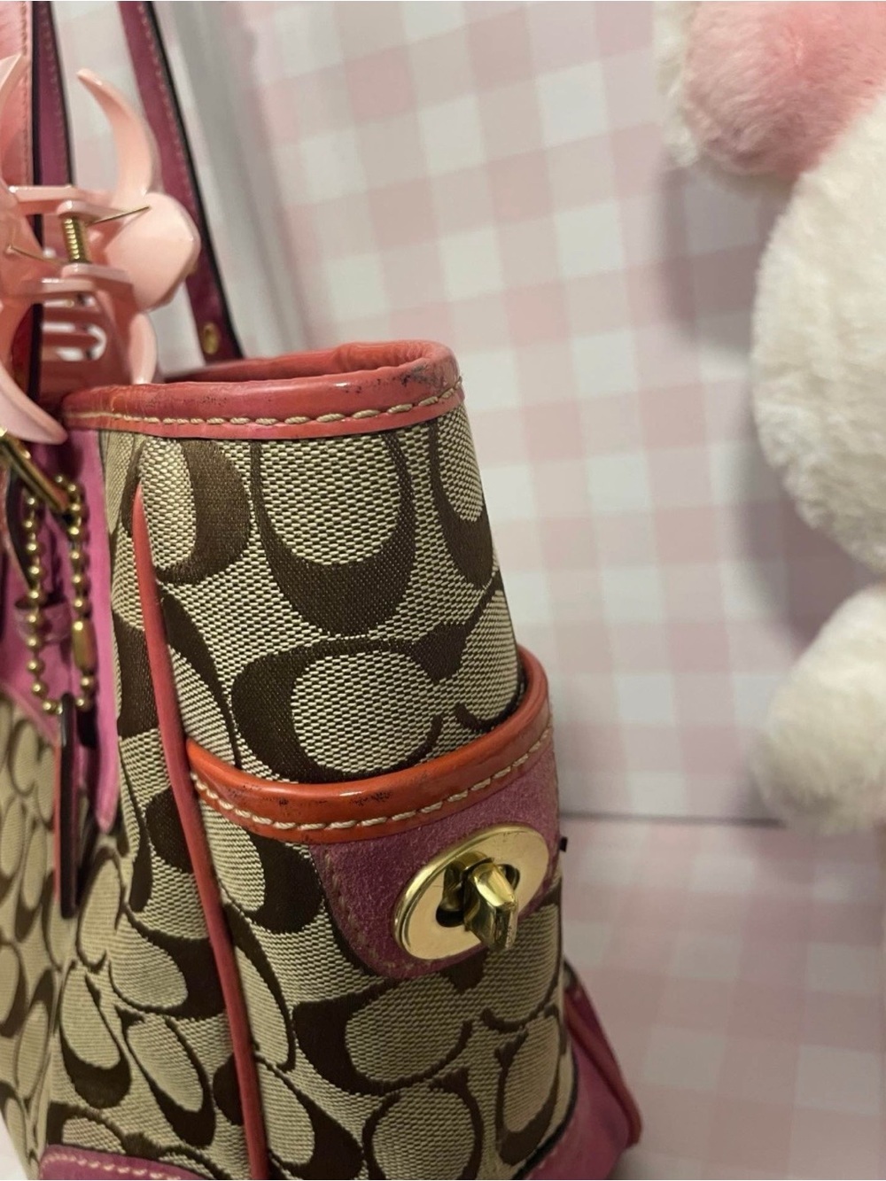 Vintage Coach Brown Signature Canvas Tote with Pink Leather Accents - Picture 2 of 10